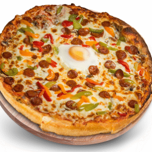 ORIENTALE (Sauce Tomate, Fromage, Merguez, Olives, Œuf, Oignons, Poivrons)